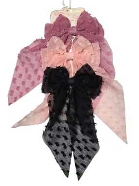 3-Pack Polka Dot Ribbon Long Tail Hair Bows in Mauve, Blush & Black Swiss Dot.